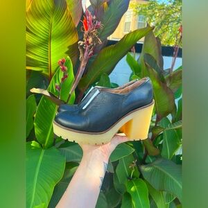 To Be Announced black and white chunky heel leather boot with clear heels 8